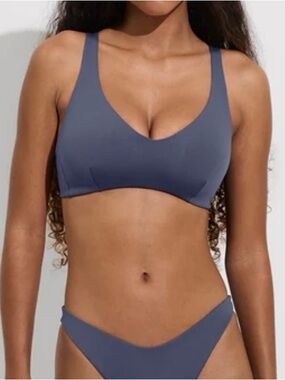 Left On Friday Sunday Bikini Top D+ L Navy V Front Low Coverage Swim NWT